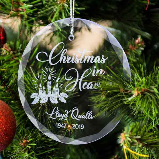 Custom Circle Glass Ornament With Christmas In Heaven Text And Memorial Details Hanging On Christmas Tree Via Silver String