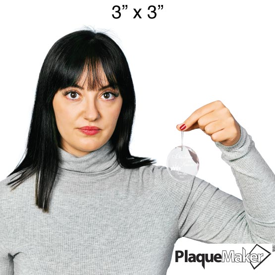 Size Guide With Woman Holding Custom Circle Glass Ornament Engraved With Christmas In Heaven Text And Customizable Area