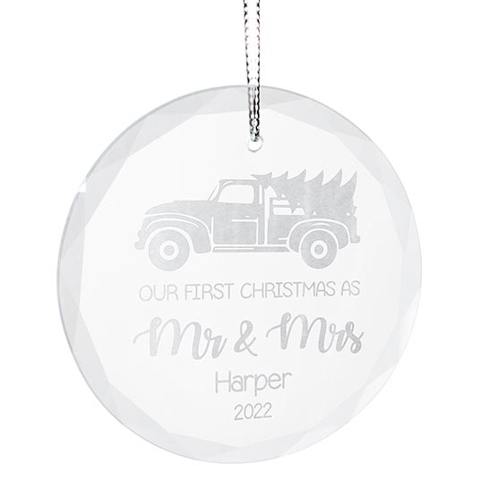 Custom Circle Glass Ornament With Silver String And Engraved With Truck Carrying Tree Art And Our First Christmas Message