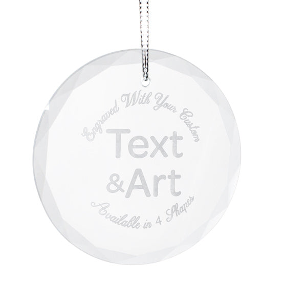 Custom Circle Glass Ornament With Silver String And Engraved To Show Customizable Areas For Text And Artwork