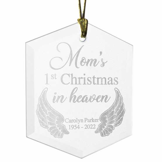 Custom Hexagon Glass Ornament Engraved With Angel Wing Artwork And Mom’s First Christmas In Heaven With Memorial Details