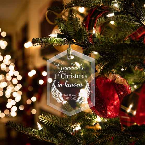 Custom Hexagon Glass Ornament Engraved With Angel Wing Art And Grandma’s First Christmas In Heaven Memorial On Christmas Tree