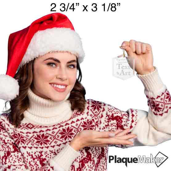 Size Guide With Festive Woman Holding Hexagon Glass Ornament Engraved To Show Customizable Areas For Text And Art