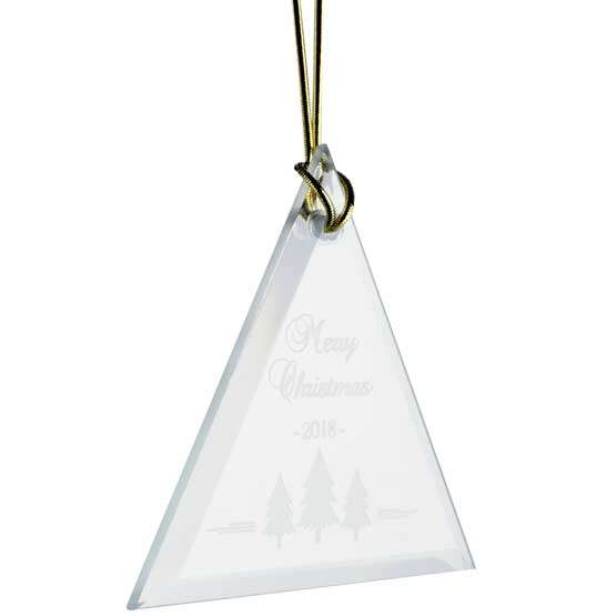 Custom Triangle Glass Ornament With Gold String And Engraved With Merry Christmas Message And Christmas Tree Art