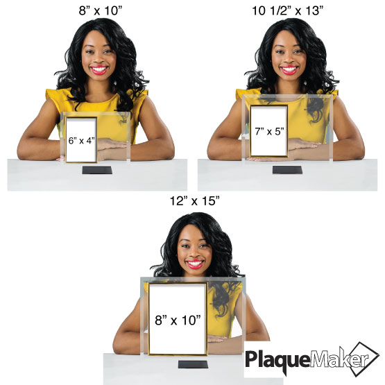 Size Guide With Happy Woman Sitting Behind Three Different Sizes Of Custom Glass Picture Frame With Black Stand 