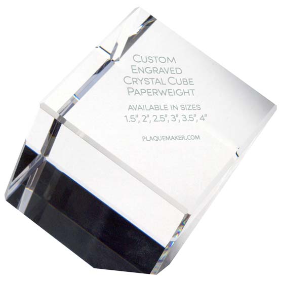 Custom Cube Glass Paperweight Standing On One Corner And Engraved To Show Customizable Areas For Text And Art