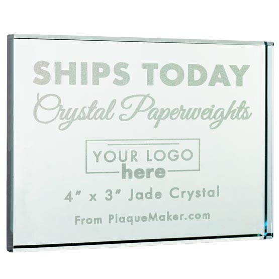 Custom Rectangle Glass Paperweight Engraved With Ships Today Text And Showing Customizable Areas For Text And Art