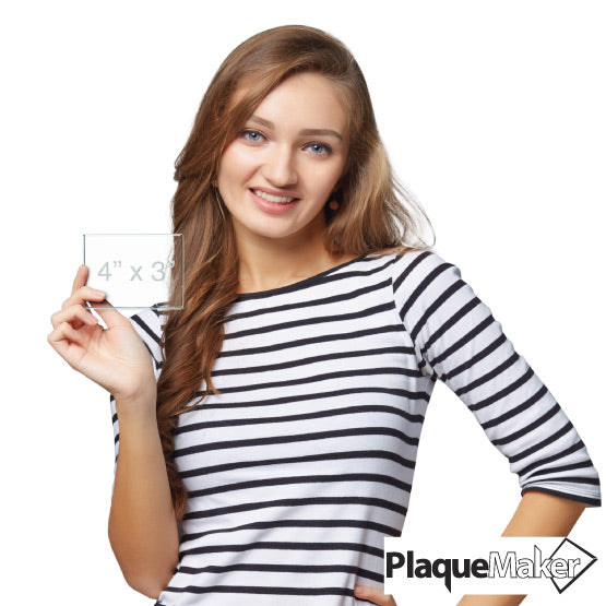 Size Guide With Happy Woman Holding Custom Rectangle Glass Paperweight That Ships Today And Shows Measurements