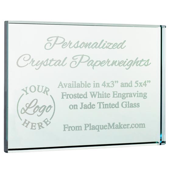 Custom Rectangle Glass Paperweight Engraved To Show Customization Options And Areas Against A White Background