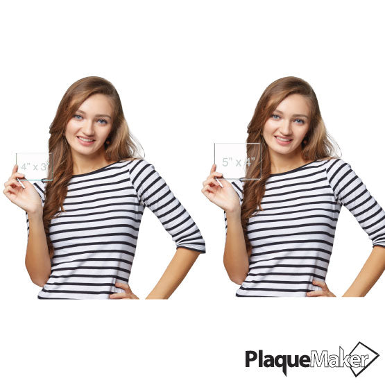 Size Guide With Happy Woman Holding Two Sizes Of Custom Rectangle Glass Paperweights Showing Measurements