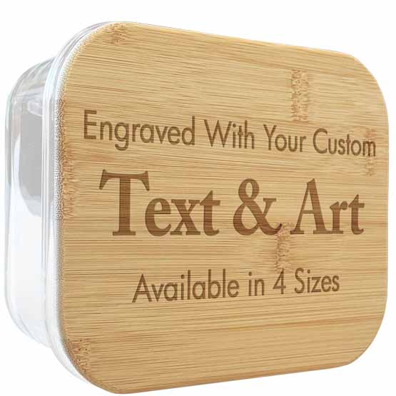 Custom Rectangle Glass Baking Dish With Bamboo Lid Engraved To Show Customizable Areas For Text And Artwork