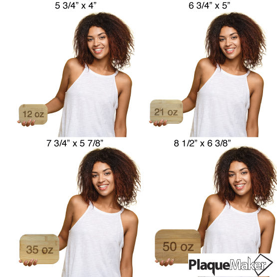 Size Guide With Happy Woman Holding Four Sizes Of A Custom Rectangle Glass Baking Dish With Bamboo Lid Showing Measurements