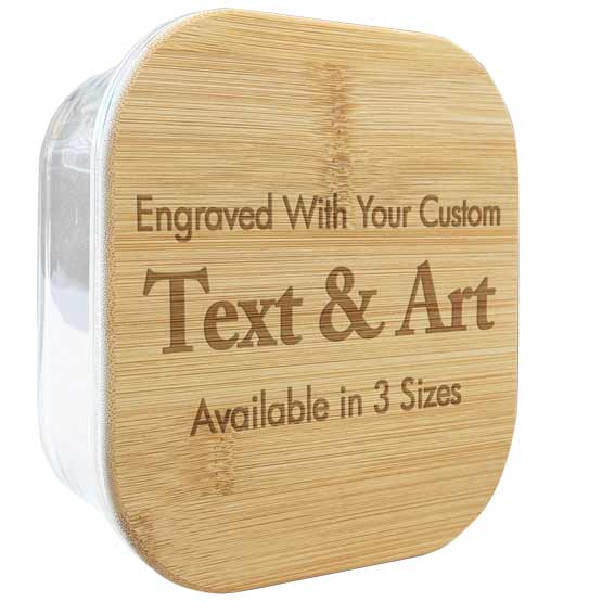 Custom Square Glass Baking Dish With Bamboo Lid Engraved To Show Customizable Areas For Text And Art And Size Range