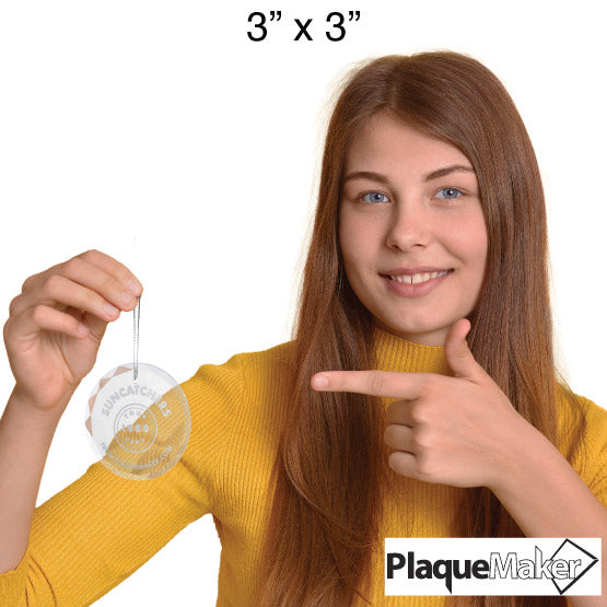 Size Guide With Woman Holding And Pointing To Circle Glass Suncatcher Engraved With Sample Suncatchers Text And Art