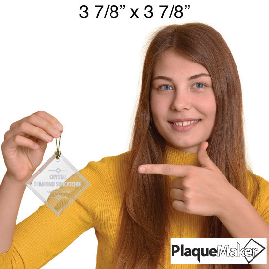 Size Guide With Woman Holding And Pointing To Diamond Shaped Glass Suncatcher Engraved With Sample Text And Art