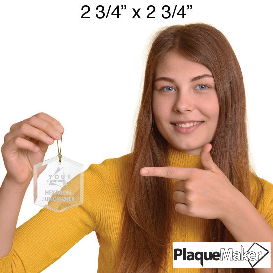 Size Guide With Woman Holding And Pointing To Hexagon Glass Suncatcher Engraved To Show Customizable Areas For Text And Art