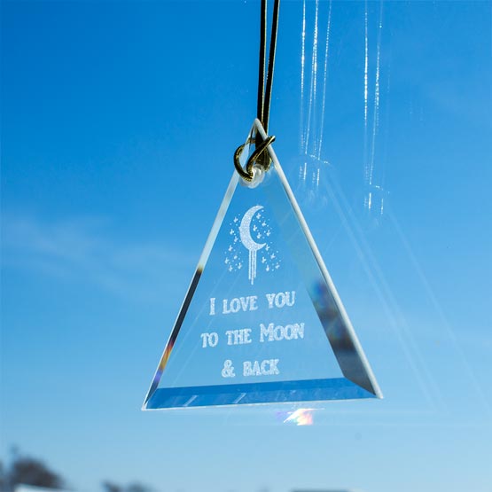 Custom Triangle Glass Suncatcher Engraved With Moon Art And I Love You To The Moon And Back Text Hanging By A Window