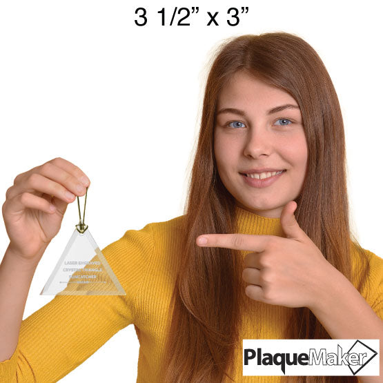 Size Guide With Woman Holding And Pointing To Triangle Glass Suncatcher Engraved To Show Customizable Areas For Text And Art