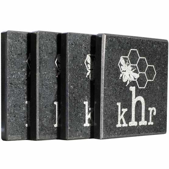 Set Of Four Custom Square Black Granite Coasters With Light Flecks And Laser Engraved With Logo Featuring Bee Artwork