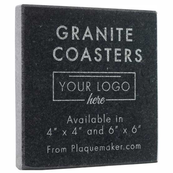 Custom Square Black Granite Coaster With Light Flecks And Laser Engraved To Show Customizable Areas For Text And Art