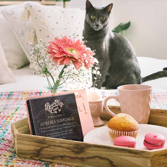 Custom Square Granite Coaster Engraved With Logo And Appreciation Message In A Breakfast Platter In Bed Nearby Cat