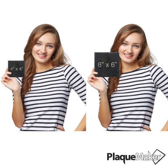 Size Guide With Happy Woman Holding Two Sizes Of Custom Square Black Granite Coaster With Light Flecks And Measurements