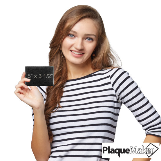 Size Guide With Happy Woman Holding Custom Granite Paperweight With Light Flecks And Measurements Against A White Background