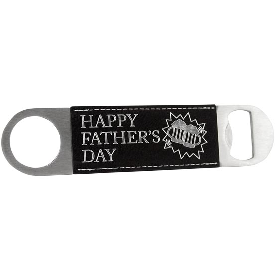 Custom Stainless Steel And Black Faux Leather Bottle Opener Laser Engraved With Beer Art And Happy Father’s Day Text