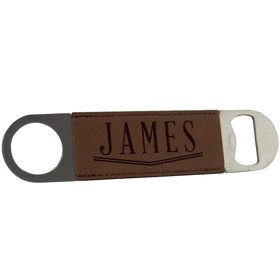 Custom Stainless Steel And Dark Brown Faux Leather Bottle Opener Laser Engraved With James Against A White Background