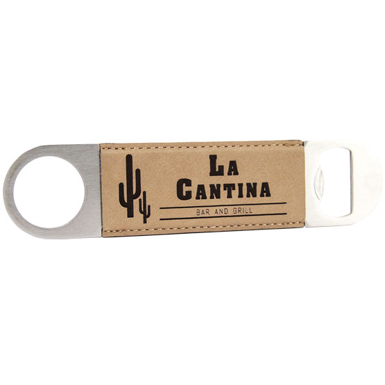 Custom Stainless Steel And Light Brown Faux Leather Bottle Opener Laser Engraved With La Cantina Bar And Grill Logo