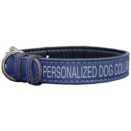 Custom Blue Faux Leather Dog Collar Laser Engraved To Show Customizable Areas For Text And Art Against A White Background