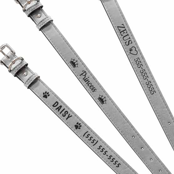 Three Custom Gray Faux Leather Dog Collars Laser Engraved With Sample Dog Names And Clipart And Phone Numbers