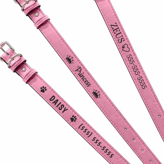 Three Custom Pink Faux Leather Dog Collars Laser Engraved With Sample Dog Names And Clipart And Phone Numbers