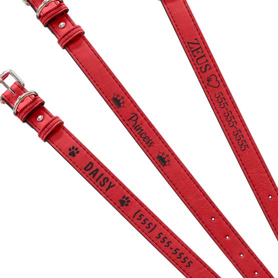Three Custom Red Faux Leather Dog Collars Laser Engraved With Sample Dog Names And Clipart And Phone Numbers
