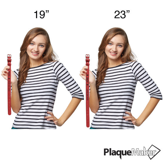 Size Guide With Happy Woman Holding Two Sizes Of Custom Red Faux Leather Dog Collars Engraved With Sample Text And Art