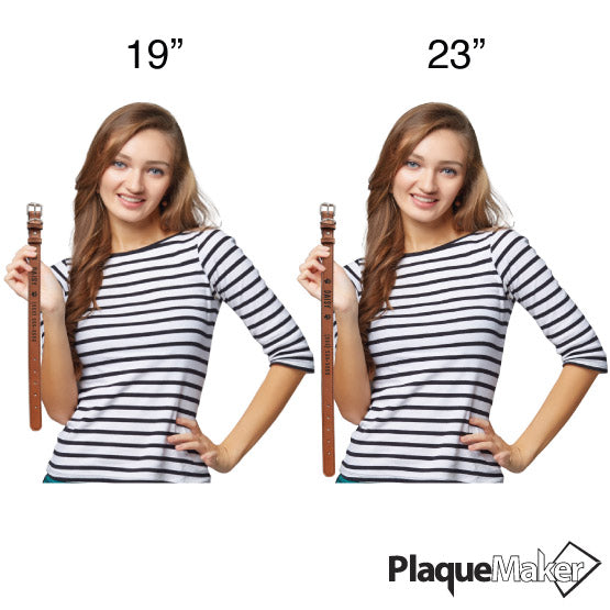 Size Guide With Happy Woman Holding Two Sizes Of Custom Rawhide Faux Leather Dog Collars Engraved With Sample Text And Art