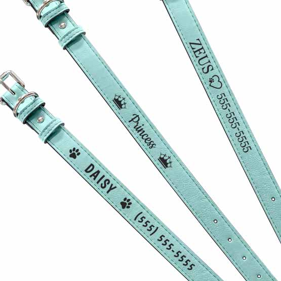 Three Custom Teal Faux Leather Dog Collars Laser Engraved With Sample Dog Names And Clipart And Phone Numbers