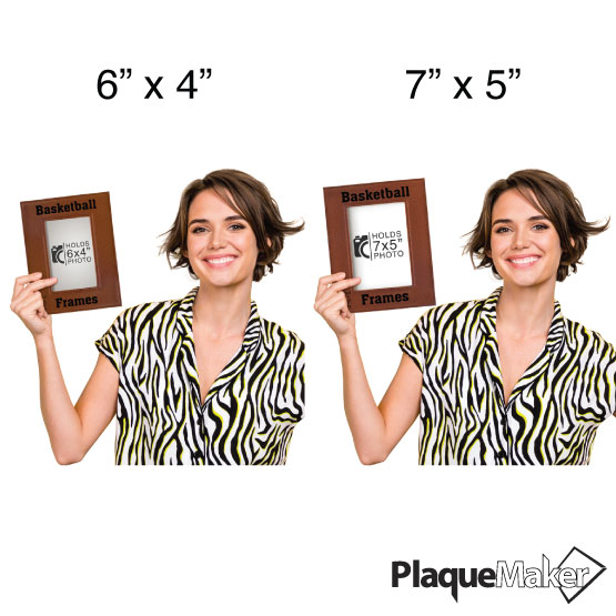 Size Guide With Happy Woman Holding Two Sizes Of Faux Leather Picture Frame With Basketball Theme And Sample Text
