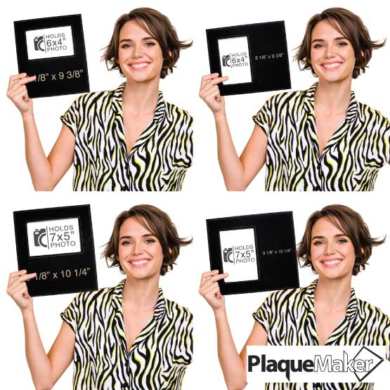 Size Guide With Happy Woman Holding Four Sizes Of Black And Gold Faux Leather Picture Frame Showing Measurements