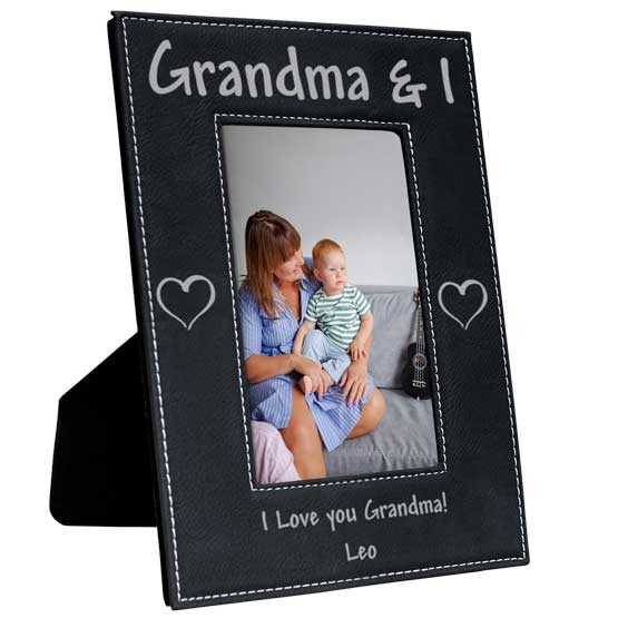 Custom Black Faux Leather Picture Frame With Laser Engraved Grandma And I Text Featuring Photo Of Grandma And Baby