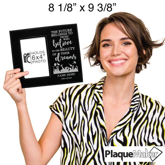 Size Guide With Happy Woman Holding Custom Black Faux Leather Picture Frame With Graduation Message And Art