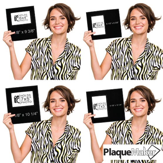 Size Guide With Happy Woman Holding Four Sizes Of Black And Silver Faux Leather Picture Frame Showing Measurements
