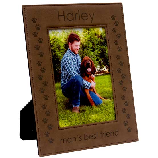 Dark Brown Faux Leather Picture Frame With Photo Of Man And Dog And Engraved With Paw Prints And Harley And Man’s Best Friend