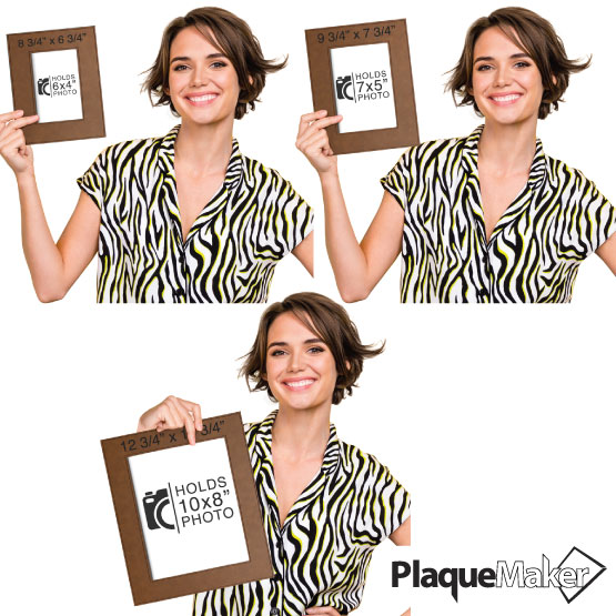 Size Guide With Happy Woman Holding Three Sizes Of Dark Brown Faux Leather Picture Frame Showing Measurements