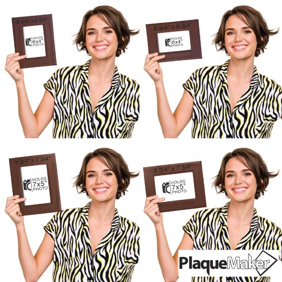 Size Guide With Happy Woman Holding Four Sizes Of Faux Leather Picture Frame With Brown Football Theme And Measurements