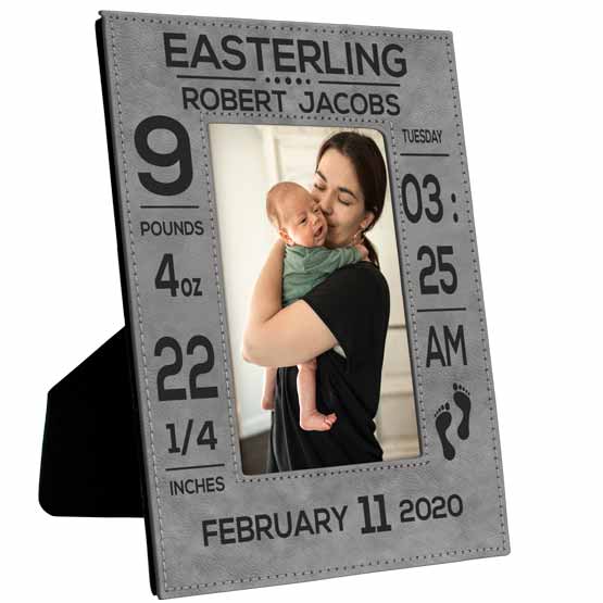 Custom Gray Faux Leather Picture Frame Laser Engraved With Baby Birth Details And Photo Of Woman Holding Newborn Baby