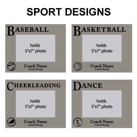 Collage Of Sport Design Options For Gray Faux Leather Picture Frames For Baseball And Basketball And Cheerleading And Dance