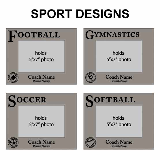 Collage Of Sport Design Options For Gray Faux Leather Picture Frames For Football And Gymnastics And Soccer And Softball