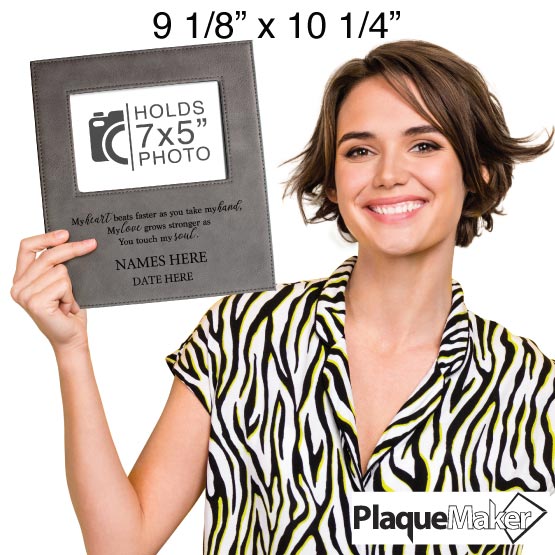 Size Guide With Happy Woman Holding Gray Faux Leather Picture Frame With Romantic Message And Showing Customizable Areas