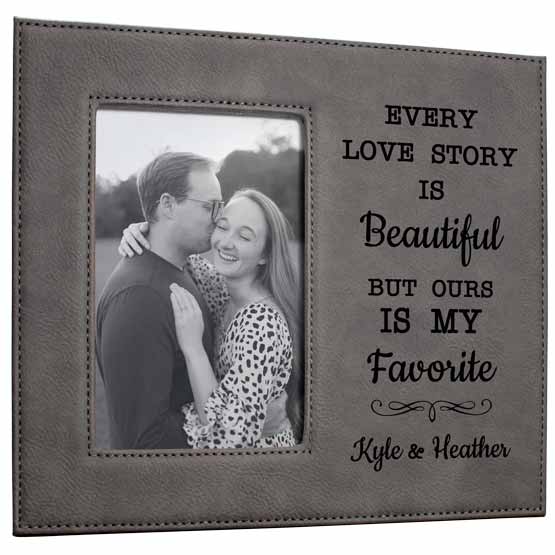 Custom Gray Faux Leather Picture Frame With Couple Photo And Laser Engraved With Romantic Love Story Message
